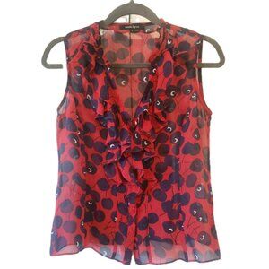 Nanette Lepore Sleeveless 100% Silk Blouse Sheer Cherry Print Ruffle Size 4 USA